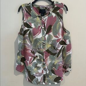 Tahari Women's Sleeveless Floral Blouse Pink, Green and White 100% Linen Size XL